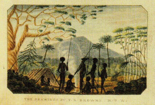 Aboriginal camp near Sugarloaf Mountain, drawing by TR Browne in T Skottowe, Select Specimens from Nature…of NSW 1813, SLNSW